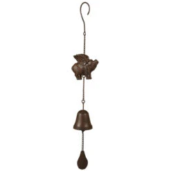 Set Of 4 Brown Flying Pig With Bell Wind Chimes 19.5"